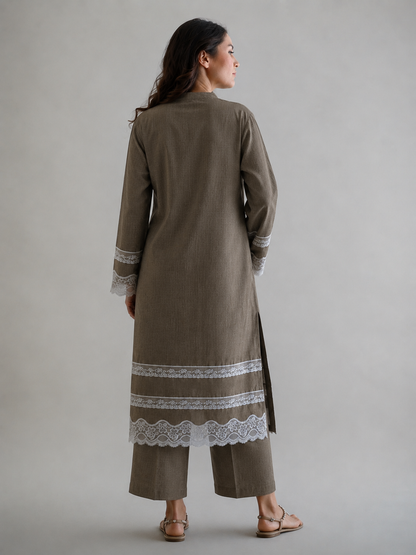 Women Taupe Lace Detailed Kurta Set