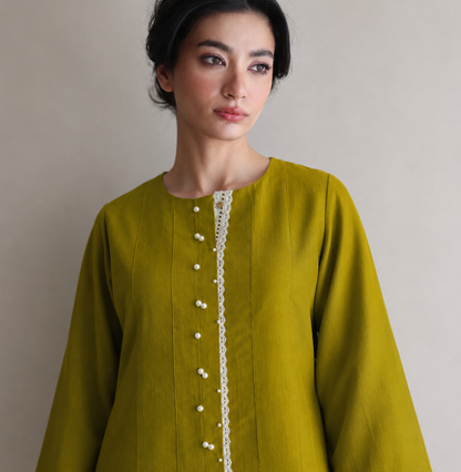 Women Olive Pearl Embellished Kurta Set