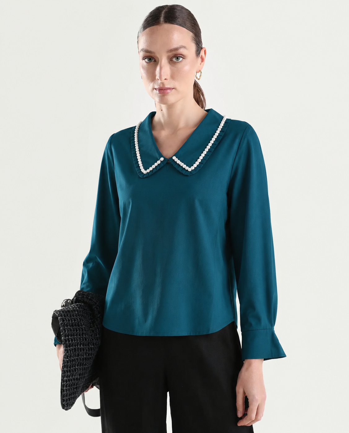 Women Teal Blue Peter Pan Collar Top