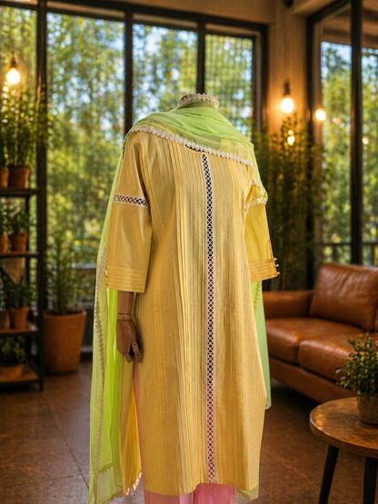 Women Yellow Cotton Kurta Set with Dupatta