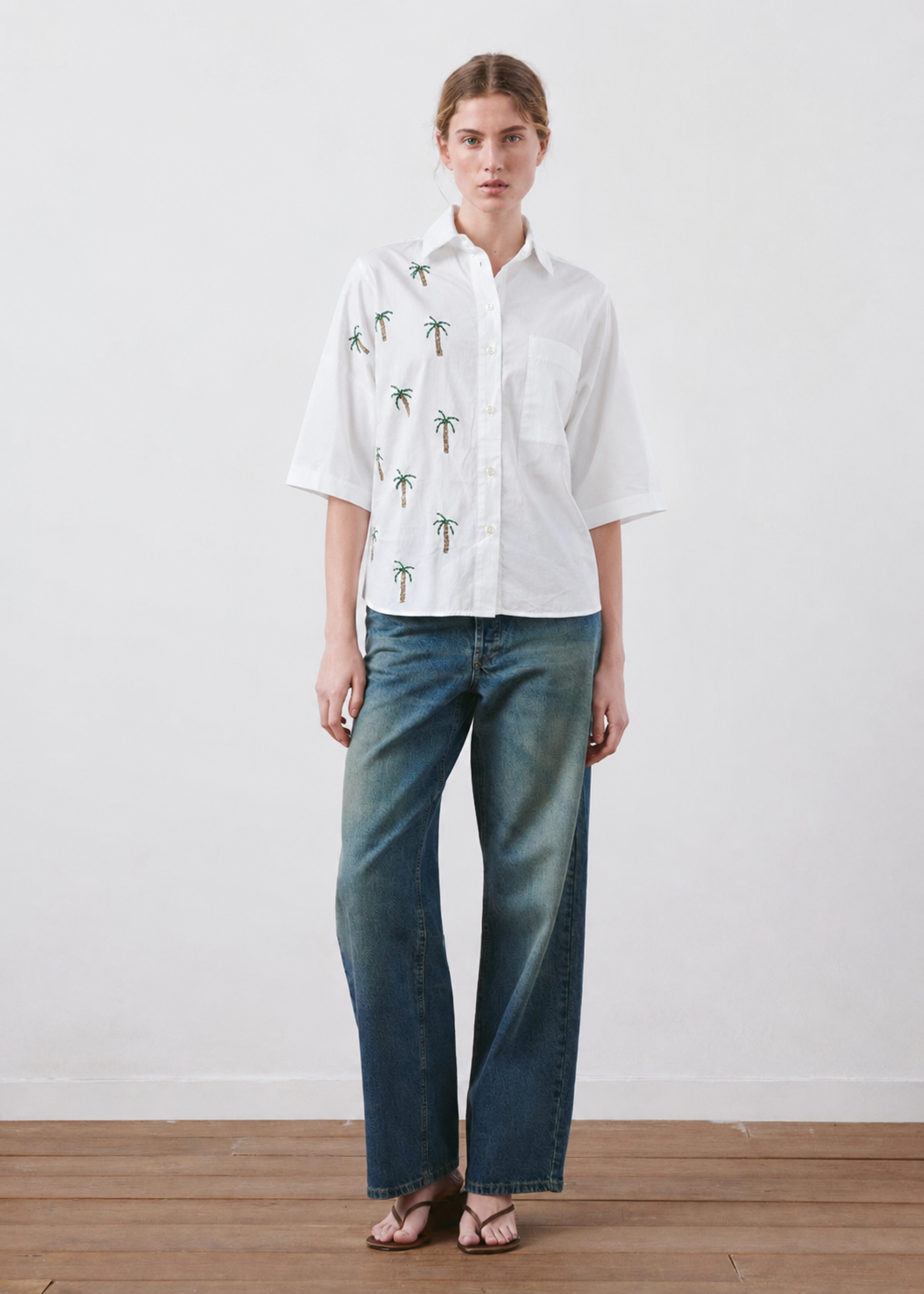 Women White Cotton Embroidered Shirt with Patch Pocket