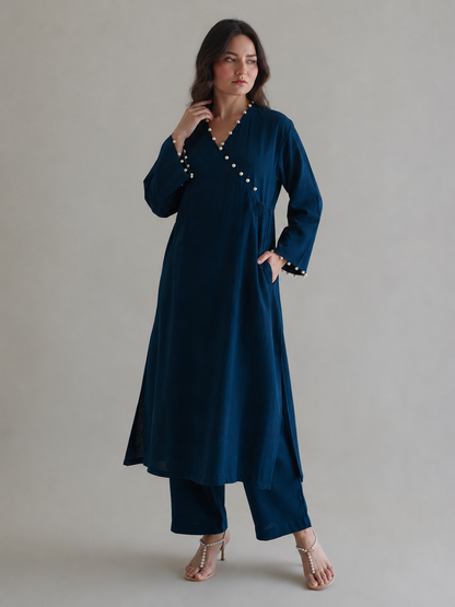 Women Teal Blue Pearl Embellished cotton Kurta Set
