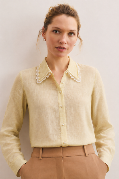 Women yellow hand embroidered Pure Cotton Slim Fit Shirt