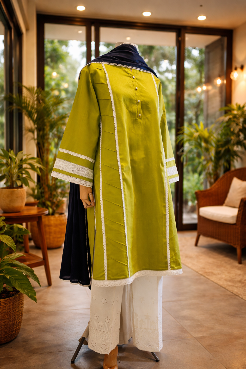 Women Light Green Lace Detailed Kurta Set with Dupatta