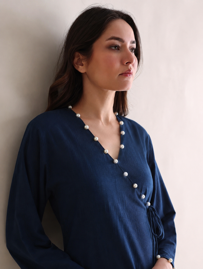 Women Teal Blue Pearl Embellished cotton Kurta Set