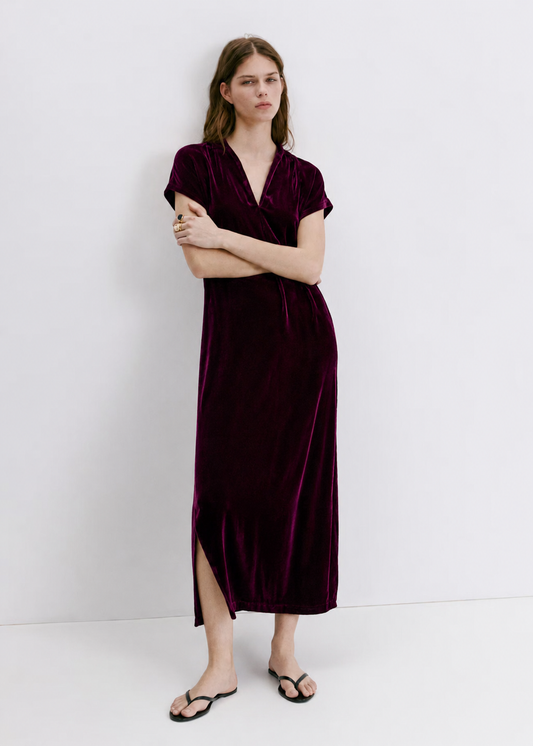 Women Wine Velvet Shift Midi Dress