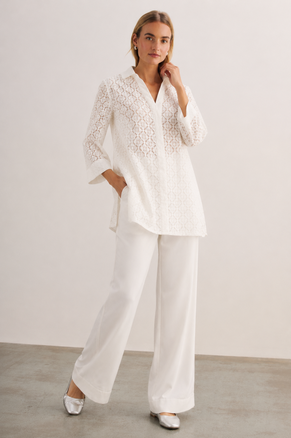 Women White Lace Top and Trouser Set