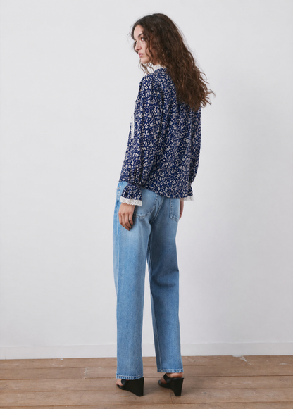 Women Printed Mandarin Collar Ruffled Top