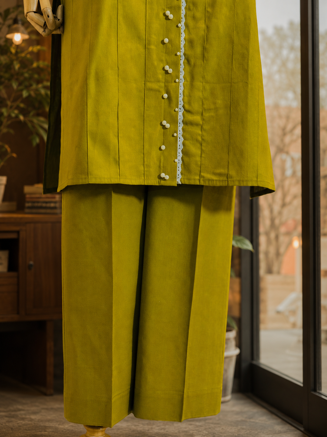 Women Olive Pearl Embellished Kurta Set