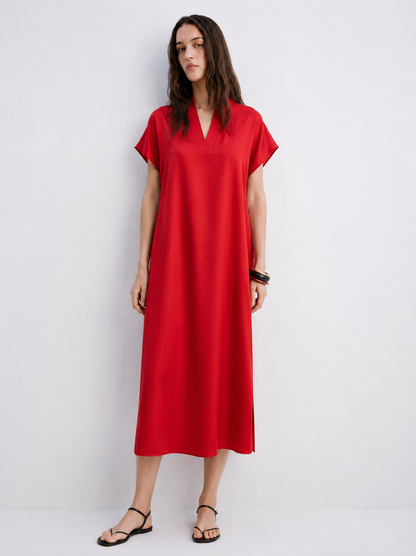 Women Red Satin Side Slit Dress