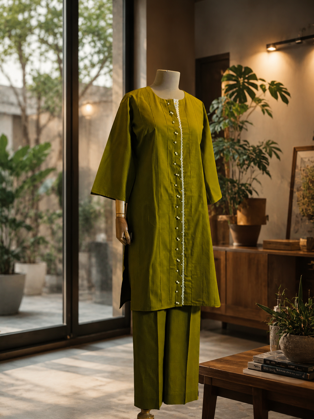 Women Olive Pearl Embellished Kurta Set