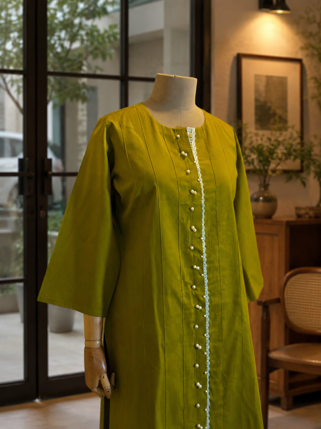 Women Olive Pearl Embellished Kurta Set