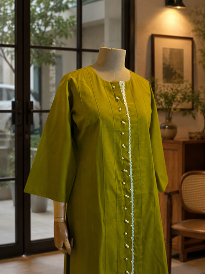 Women Olive Pearl Embellished Kurta Set