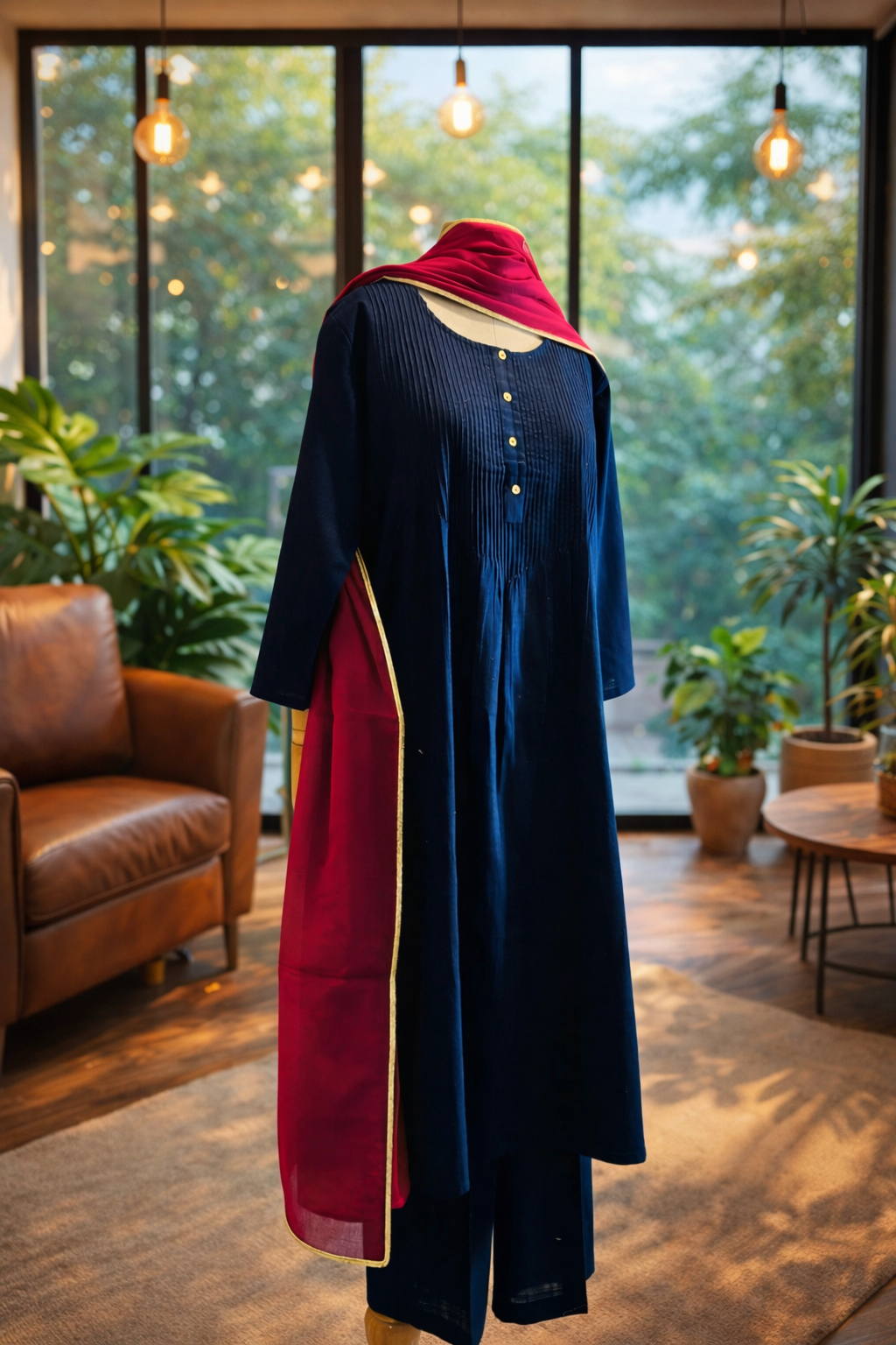 Women Navy Blue Kurta Set with Dupatta