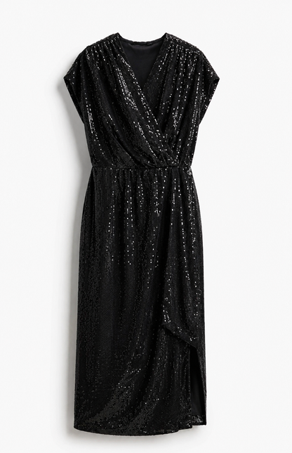 Women Black Sequins Wrap around Dress