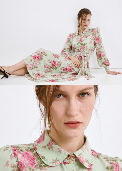 Women Green & Pink Floral Shirt dress