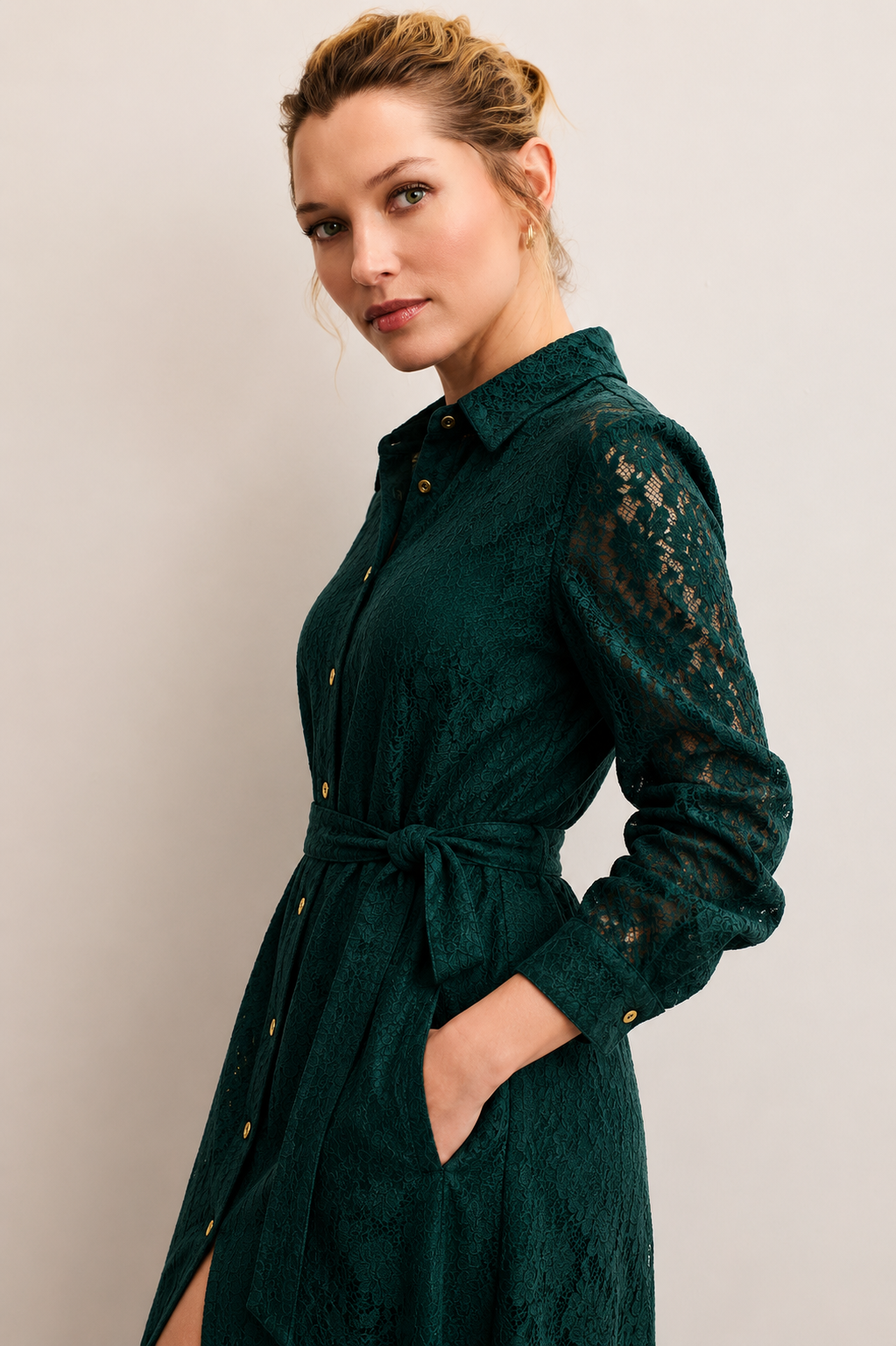 Women Green Shirt Lace Dress