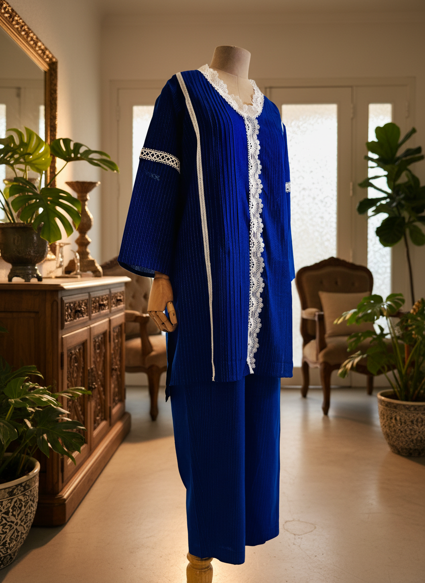 Women Navy Blue Lace Embellished Coordinate Set