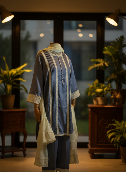 Women Grey lace kurta with dupatta