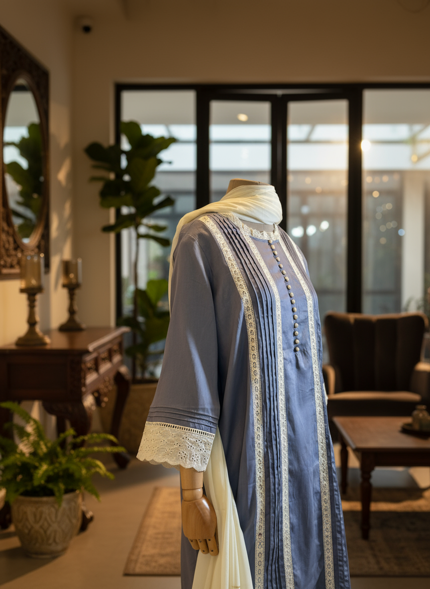 Women Grey lace kurta with dupatta