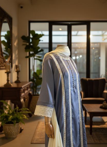 Women Grey lace kurta with dupatta