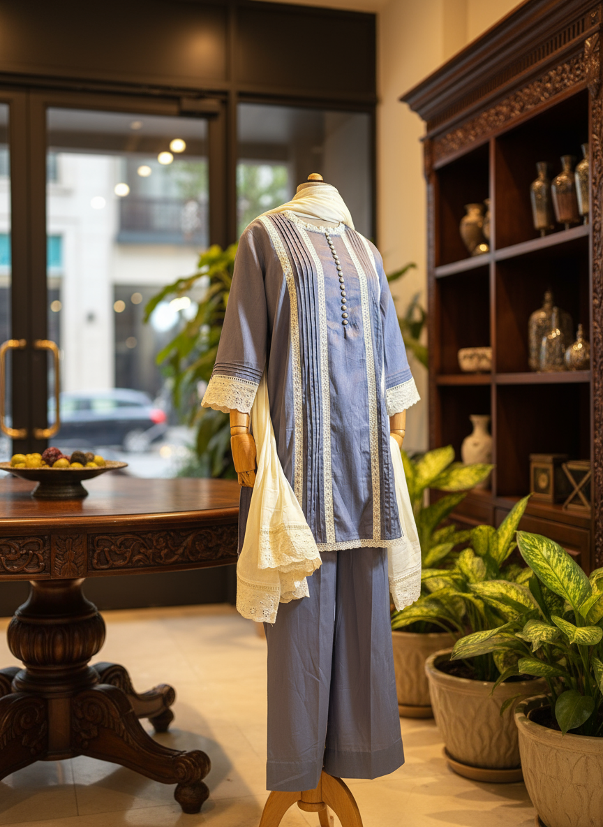 Women Grey lace kurta with dupatta