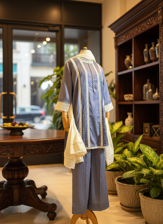 Women Grey lace kurta with dupatta