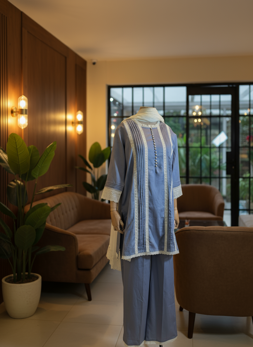 Women Grey lace kurta with dupatta