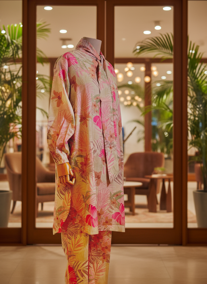 Colorful floral outfit on a mannequin in a room with plants and furniture.