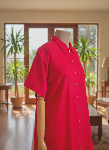 Red shirt on a mannequin against a neutral background