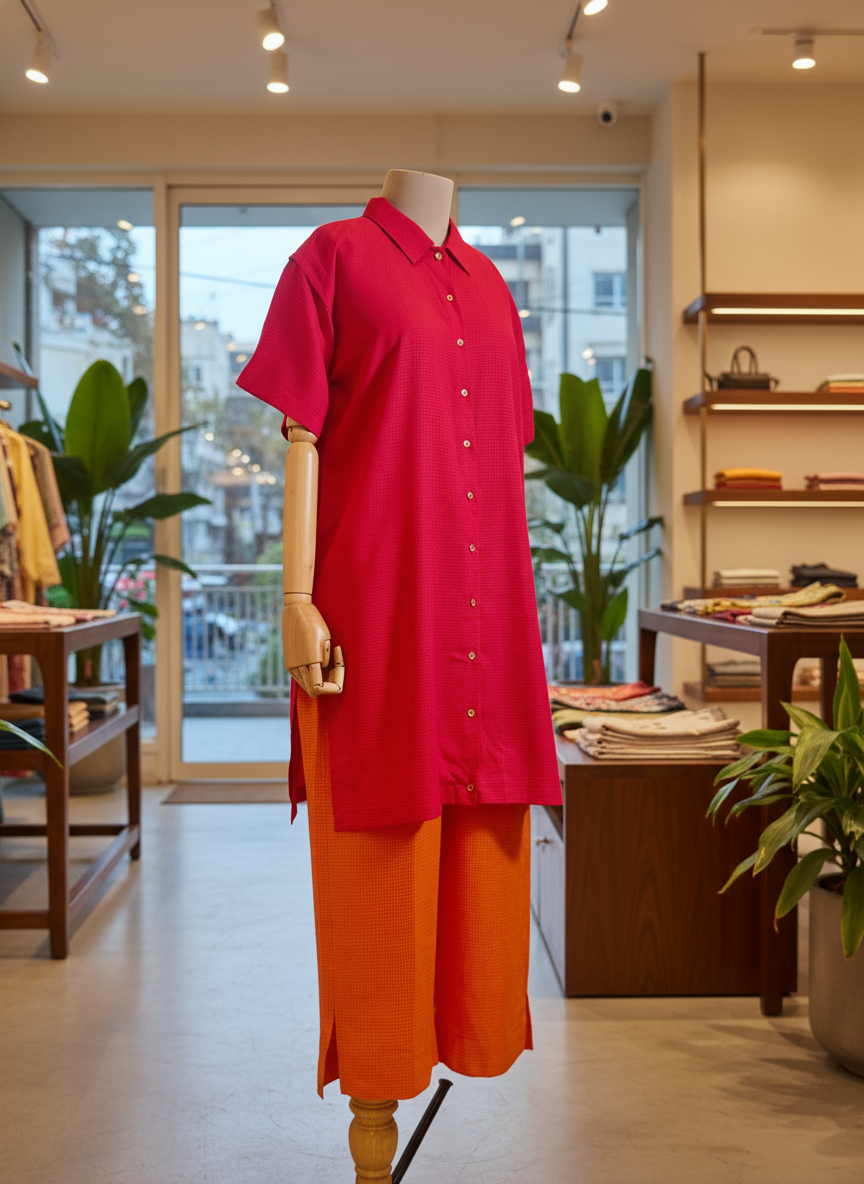 Mannequin wearing a red shirt and orange pants in a store setting with plants and shelves.