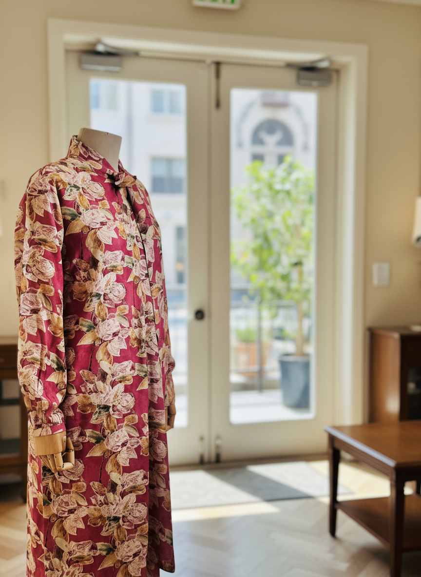 Floral dress on a mannequin in a room with a large window.