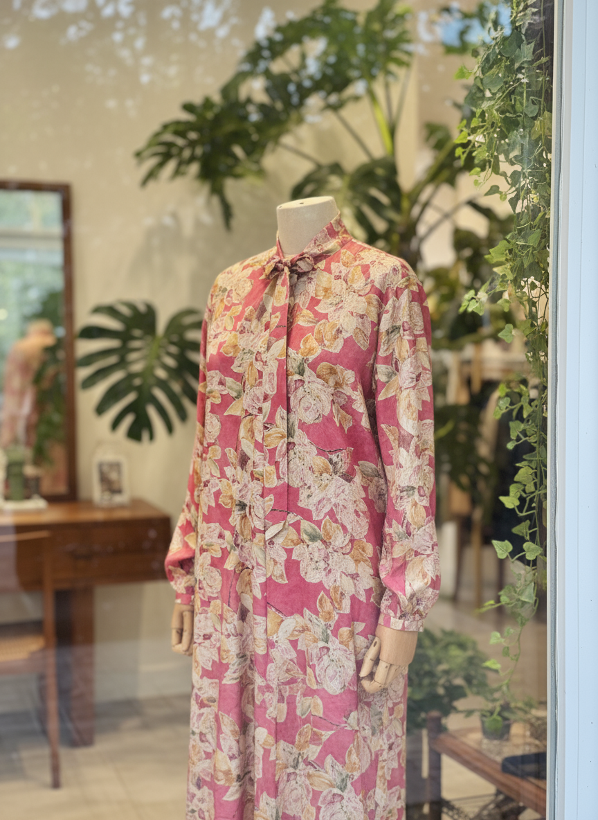 Mannequin wearing a pink floral dress in a store window with plants and furniture.