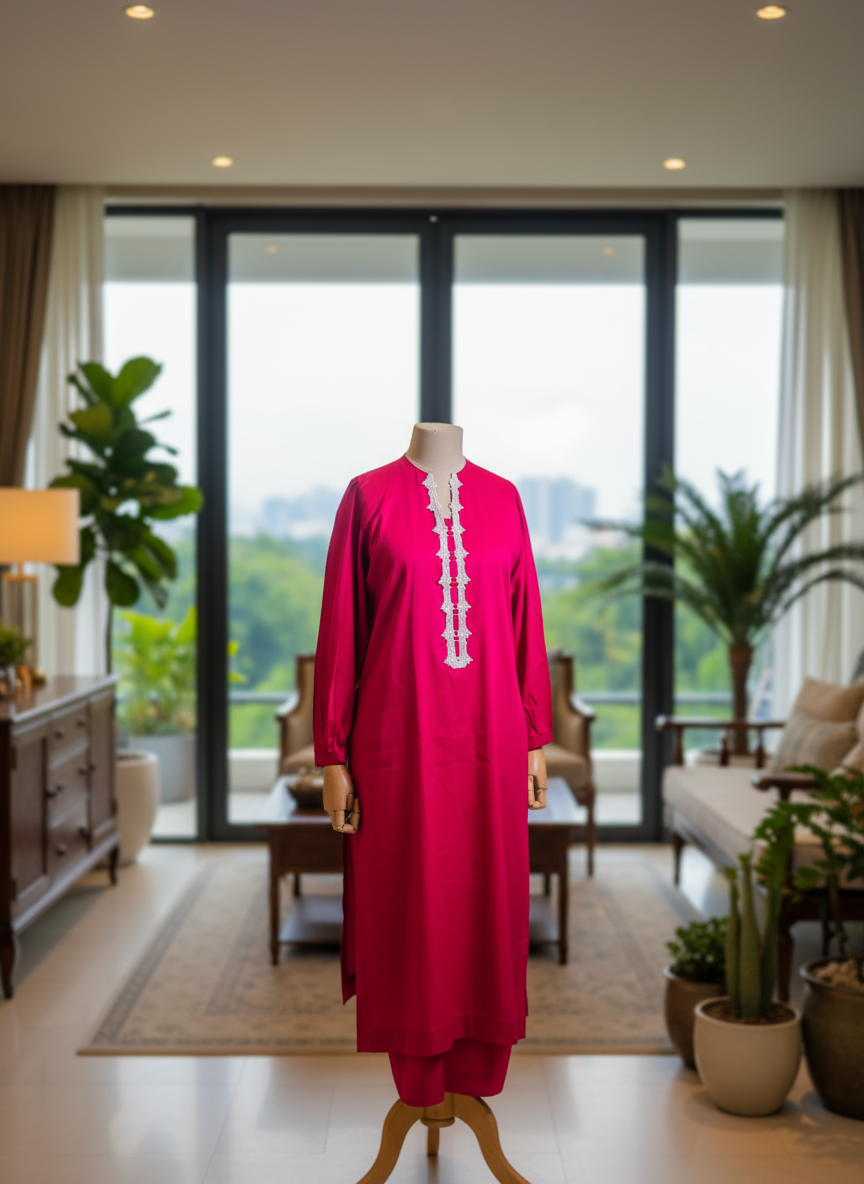 Mannequin wearing a bright pink dress with white lace details against a curtain backdrop
