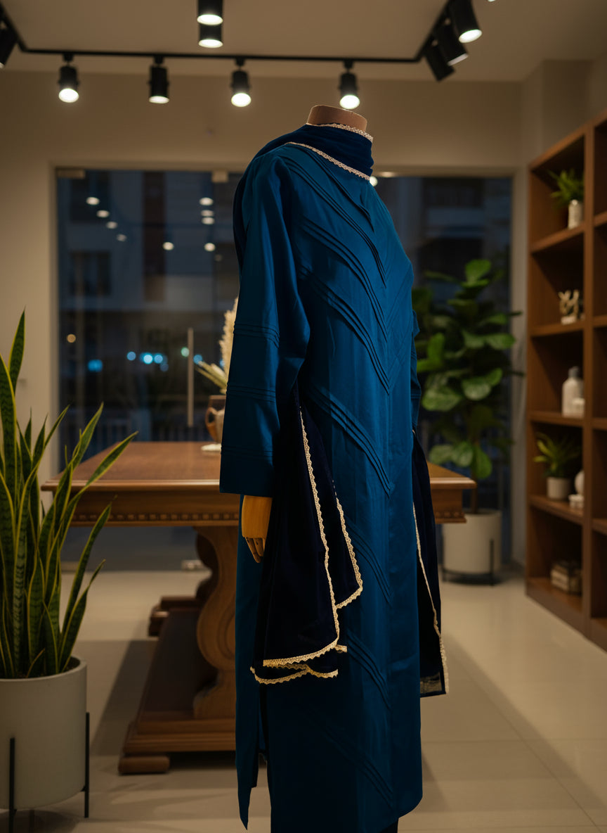 Teal abaya with gold trim on a mannequin against a window with sheer curtains