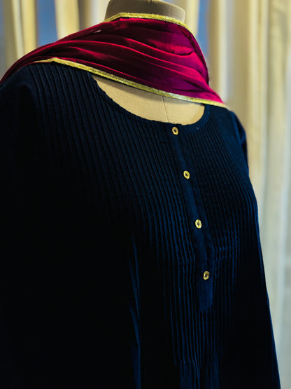 Women Navy Blue Kurta Set with Dupatta