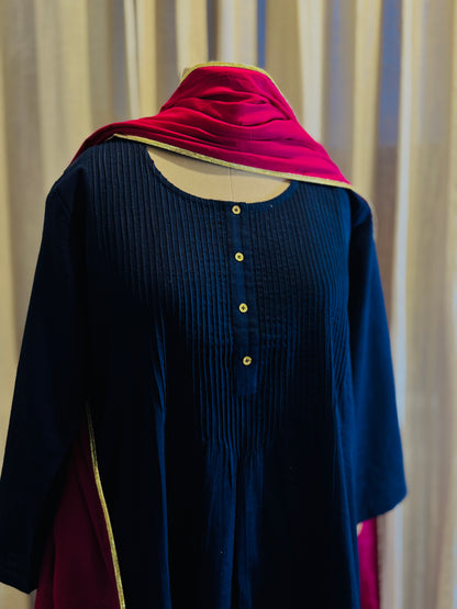 Women Navy Blue Kurta Set with Dupatta
