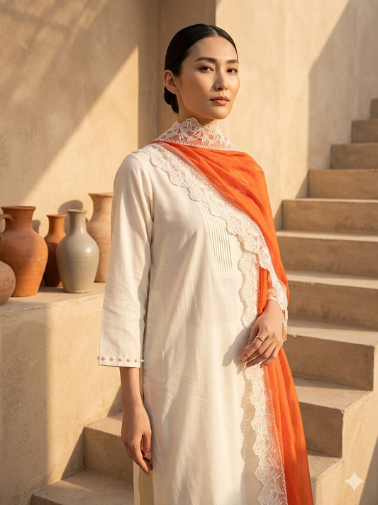 Women Cream Kurta Set with Dupatta