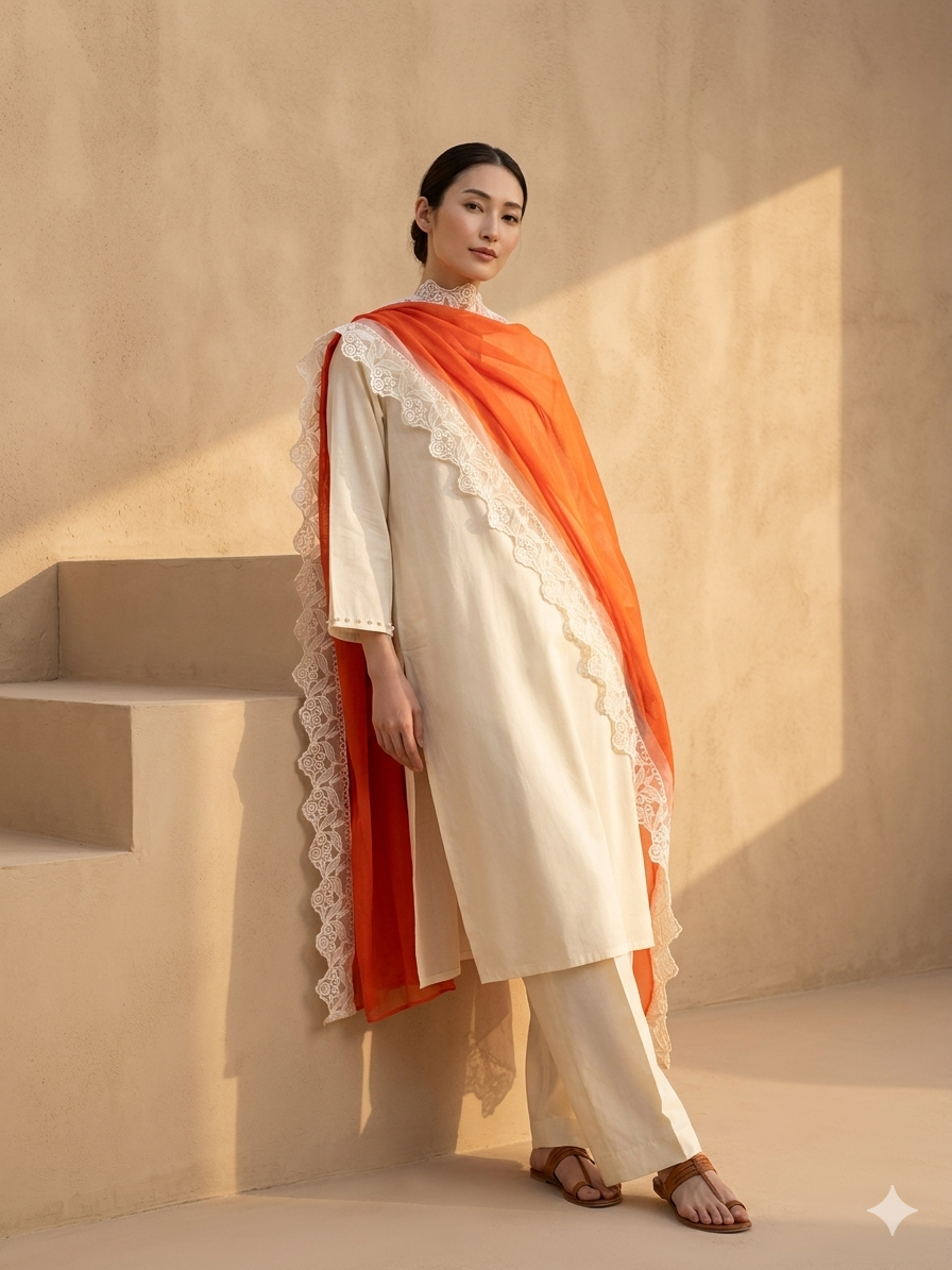 Women Cream Kurta Set with Dupatta