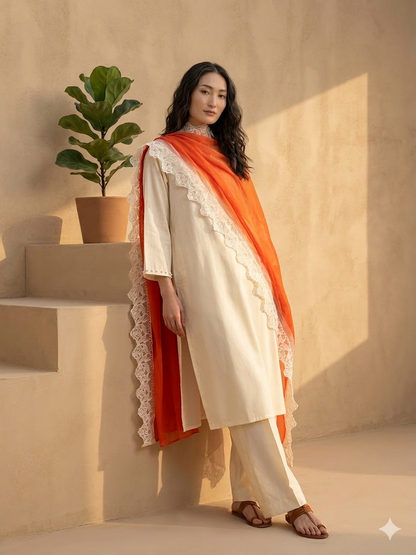 Women Cream Kurta Set with Dupatta