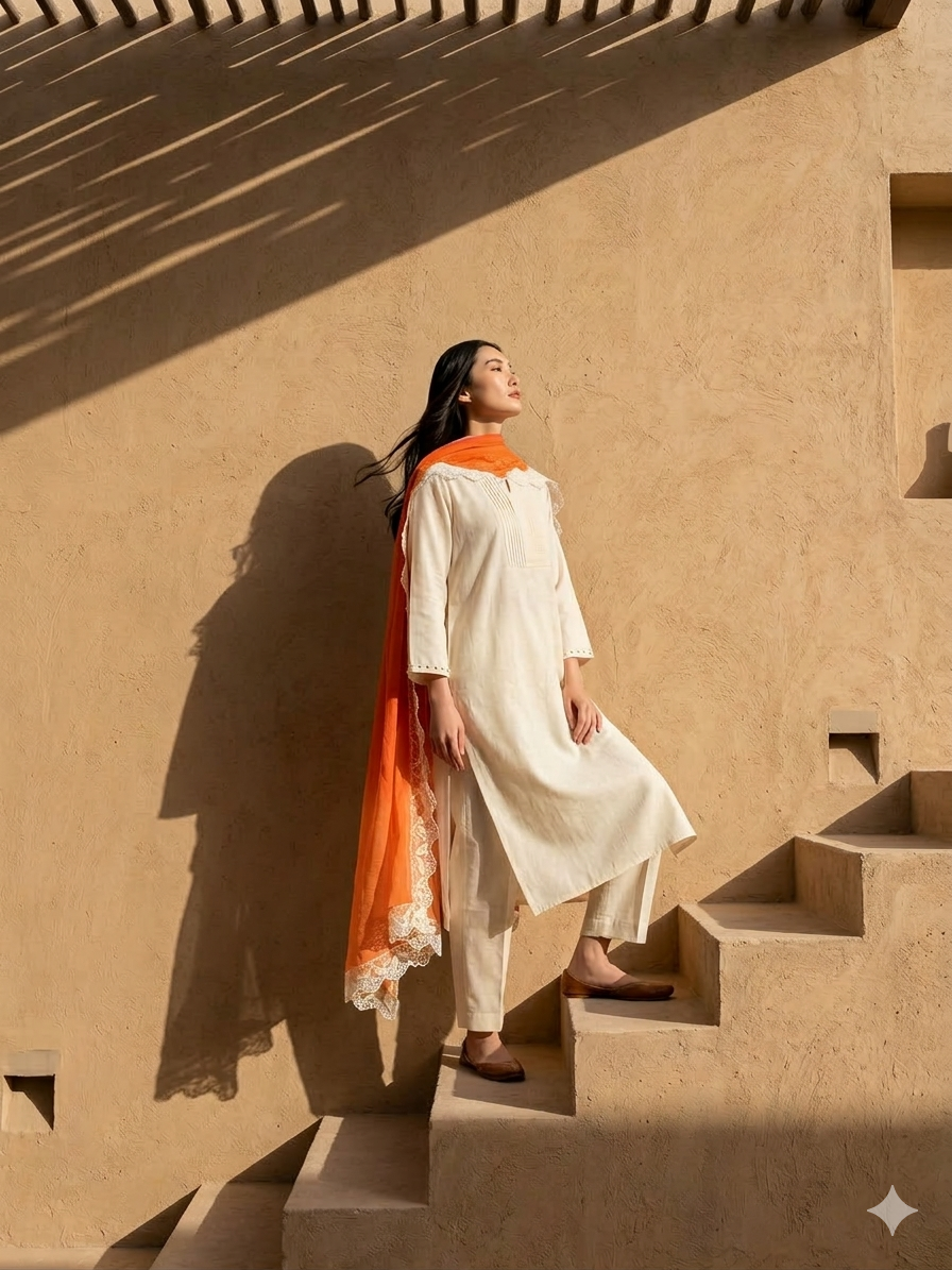 Women Cream Kurta Set with Dupatta