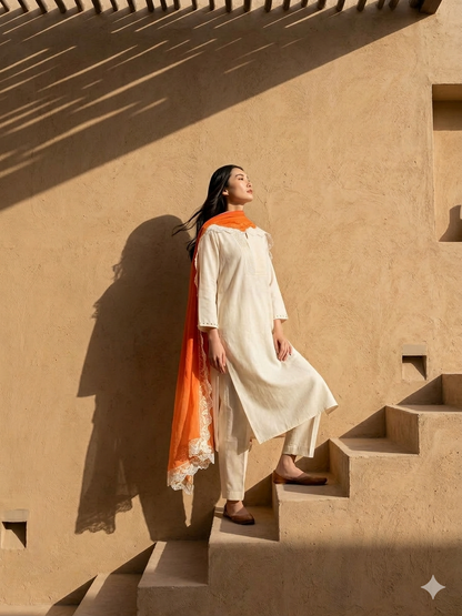 Women Cream Kurta Set with Dupatta
