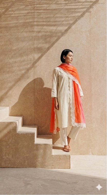Women Cream Kurta Set with Dupatta