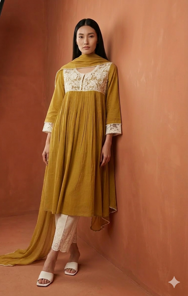 Woman wearing a mustard yellow dress with white lace details against a brown background