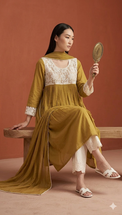 Women Mustard Yellow Embellished kurta Set with Dupatta