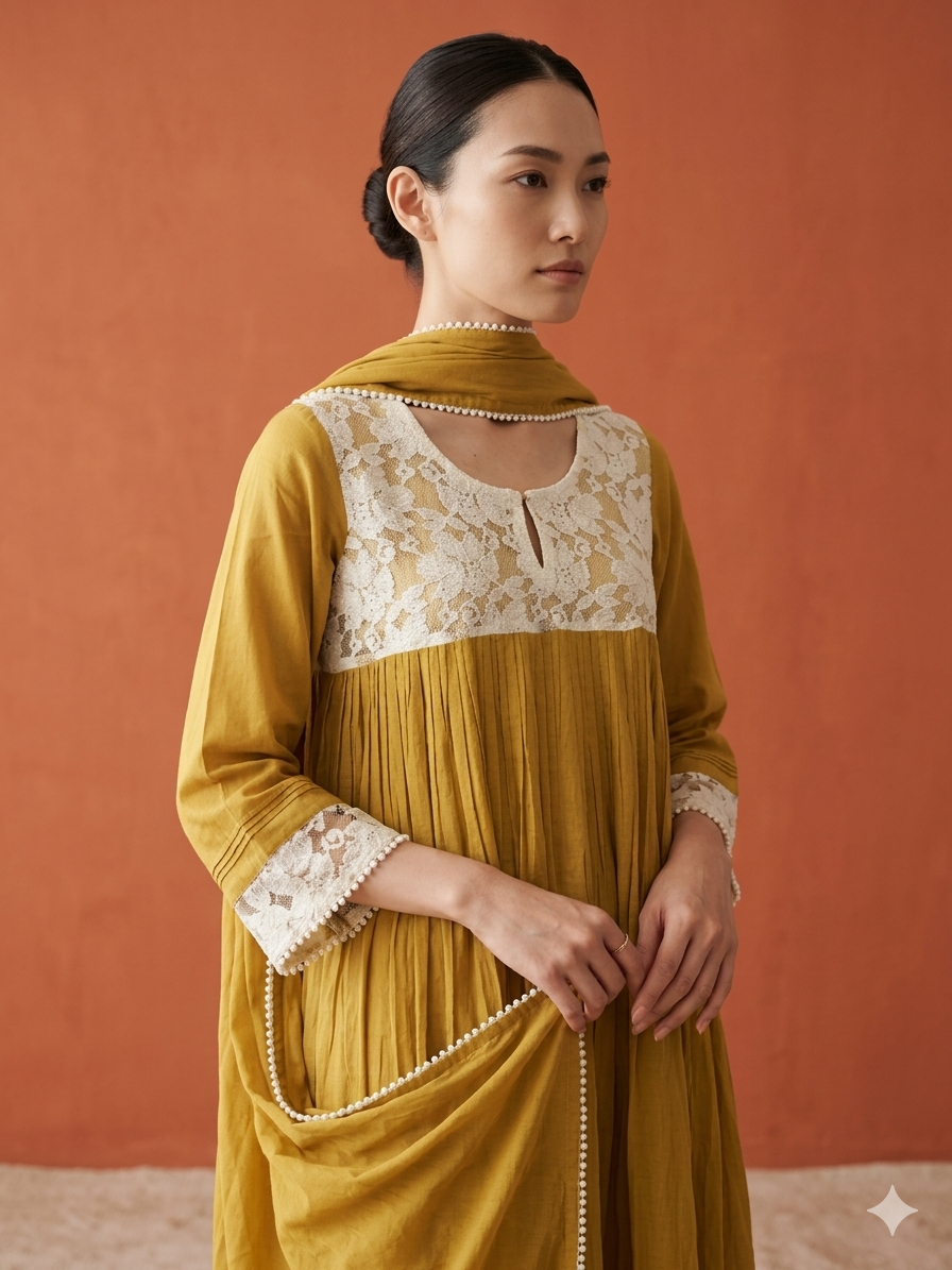Woman wearing a mustard yellow dress with lace details against an orange background