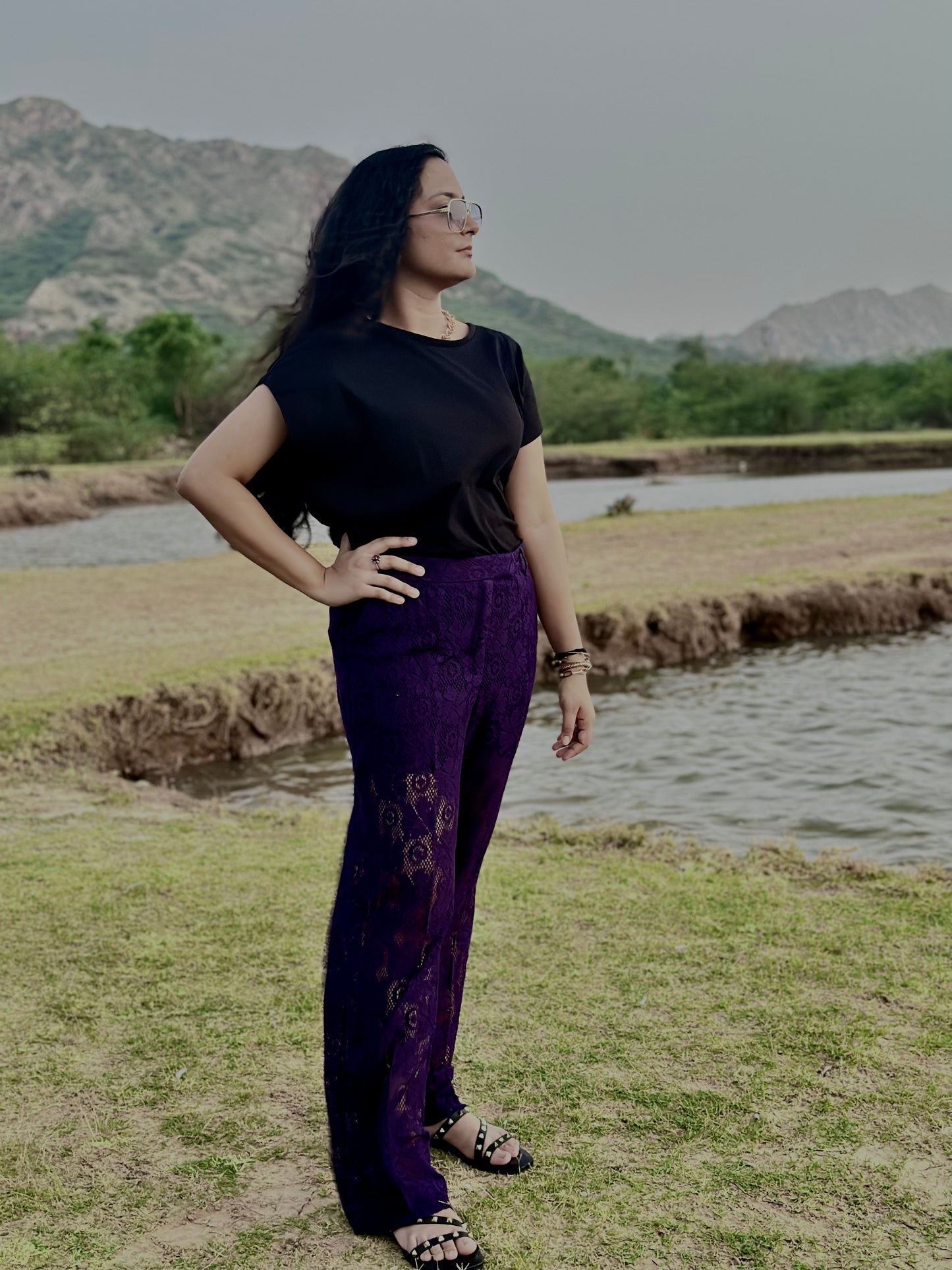 Women Purple Crochet Look Cotton Trousers - Ziona MuL