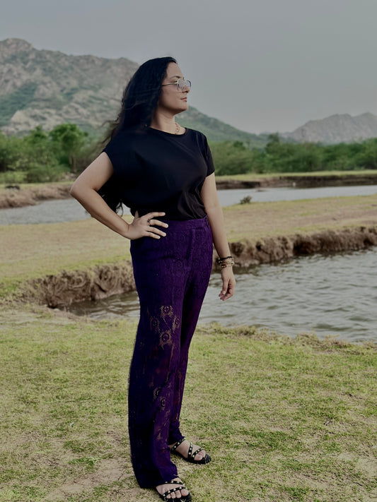 Women Purple Crochet Look Cotton Trousers - Ziona MuL