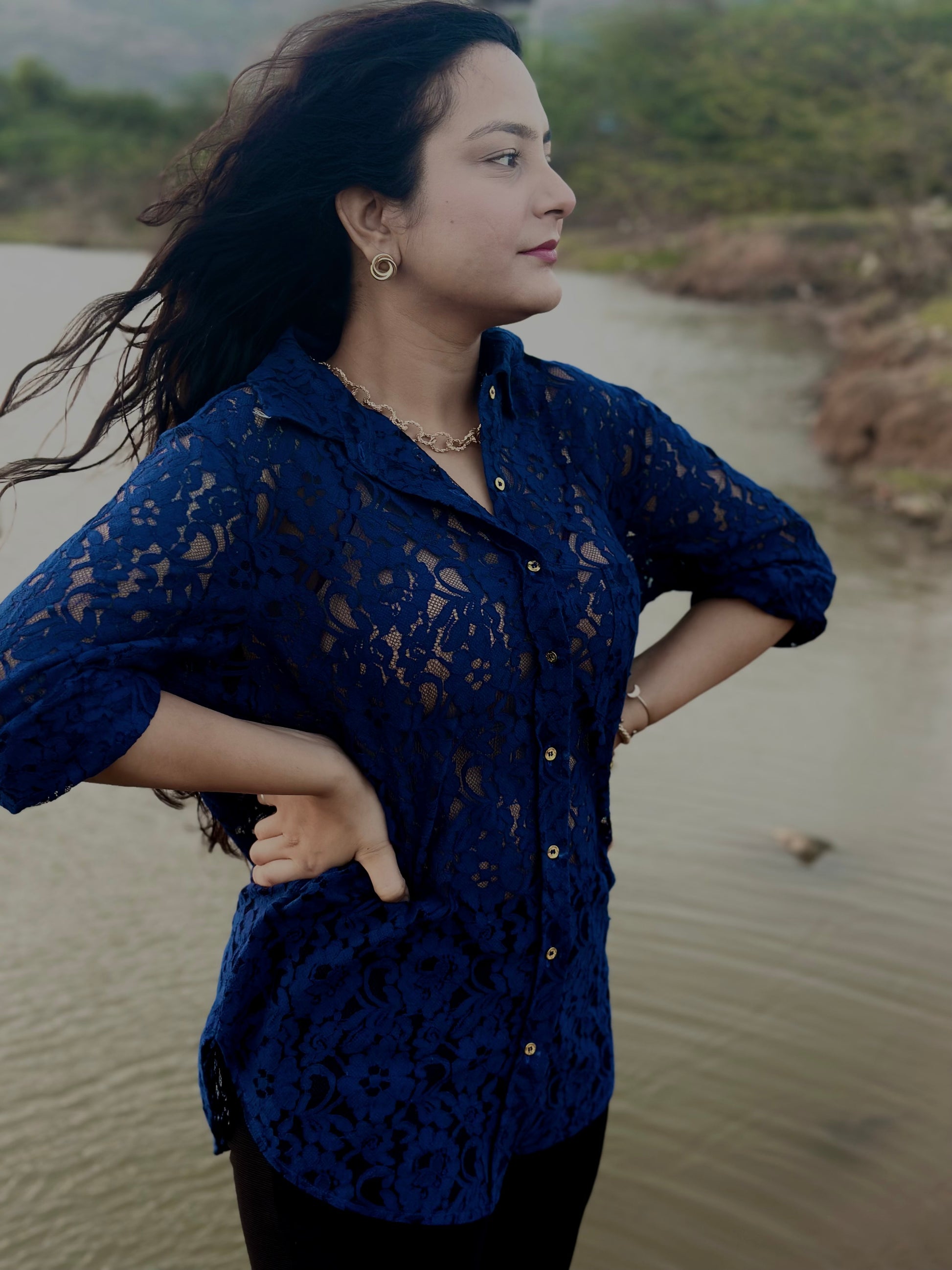 Women Navy Blue Lace Shirt - Ziona MuL