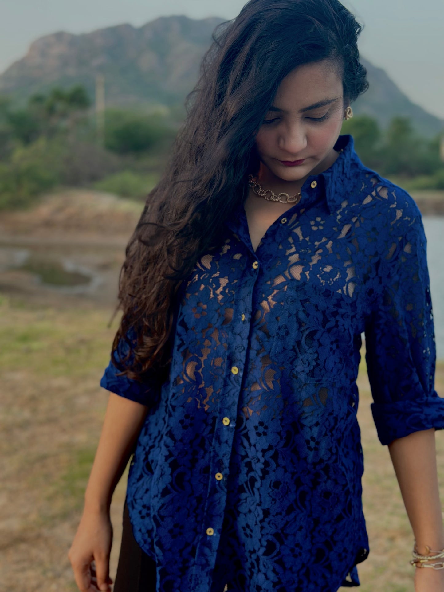 Women Navy Blue Lace Shirt - Ziona MuL